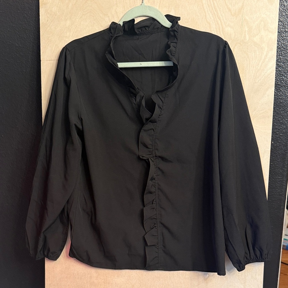 Black Ruffle-Trim Women's Blouse